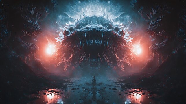 Terrifying monster reflected in mirror with fiery eyes in digital artwork