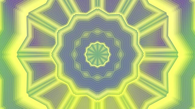 Vibrant yellow and purple mandala animation with radiant light burst and geometric symmetry. Perfect for energetic visuals, spiritual themes, digital backgrounds, and modern art.