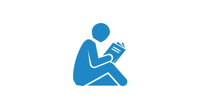 Iconic representation of a person engrossed in the act of reading a book on a white background