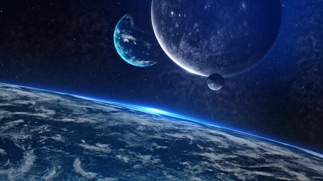 Rotating planet Earth lit by bright Sun 3D motion graph planet Earth blue elements orbits at halo eclipse in space. 3d animation. Science and technology concept. planets in the solar system, animation