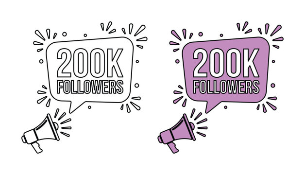 Social media milestone celebration for 200k followers, megaphone announcement with speech bubble, purple and white vector graphics for influencer marketing