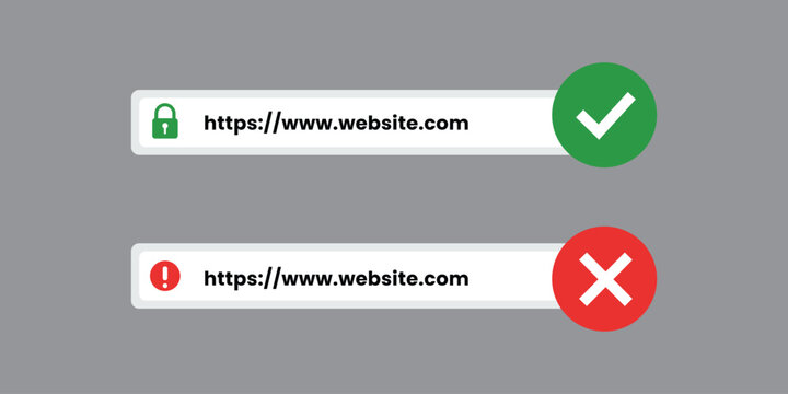 Secure and insecure website URL address bar set. Vector illustration of HTTPS protocol with green lock and risky site with red warning alert and cross mark. Vector Illustration.