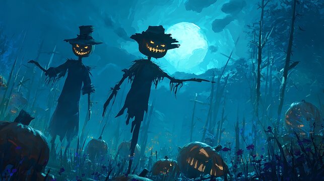Eerie glowing pumpkin patch with shadowy scarecrows under a full moon, digital art