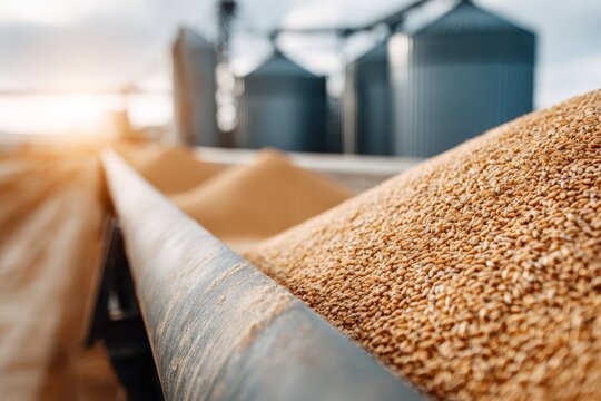 Abundant harvest of golden wheat grains piled high at a modern grain elevator facility with silos.