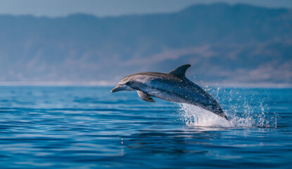 Fototapeta premium A joyful bottlenose dolphin leaping high out of blue tropical water with bright sunlight and white clouds above