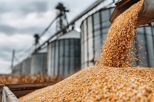 Harvesting golden corn kernels being poured into a grain bin at an agricultural facility, symbolizing abundance and food production.