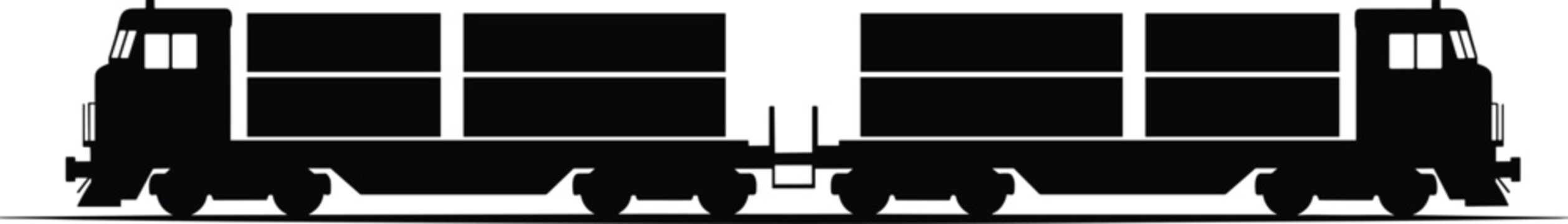 Cargo freight train silhouette, industrial railway transport, logistics delivery concept, heavy haul wagons, transportation system, shipping goods, minimal black white vector illustration design