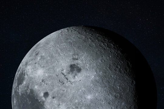 Detailed close-up of the Moon's surface showing craters and lunar basins against a dark starry background. High-resolution lunar far side highlighting geological topography. Space and travel