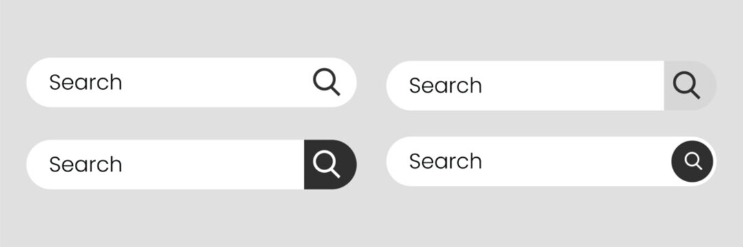 Search bar interface design set with magnifying glass icons. Vector collection of white and grey search input fields for website navigation and user interface optimization. Vector Illustration.