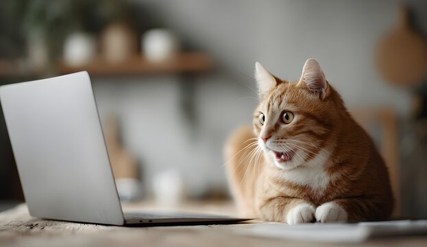 A cute ginger cat sits at a desk in a home office, looking shocked at a laptop screen