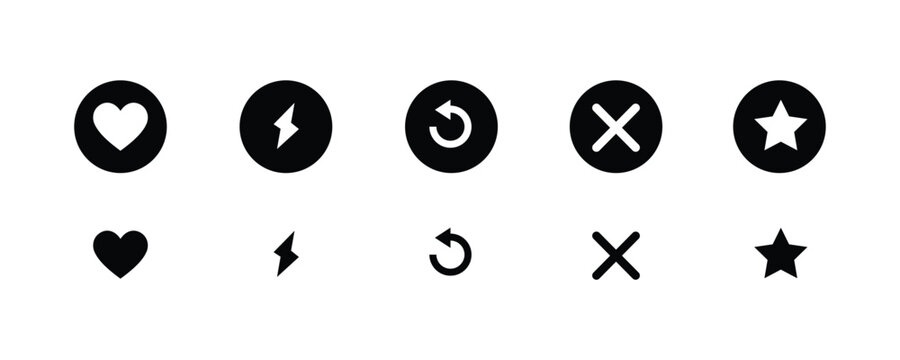 Dating app interface icons set with heart, lightning, refresh, cross, and star symbols. Black circular buttons and flat silhouettes for social media and match-making apps. Vector Illustration.