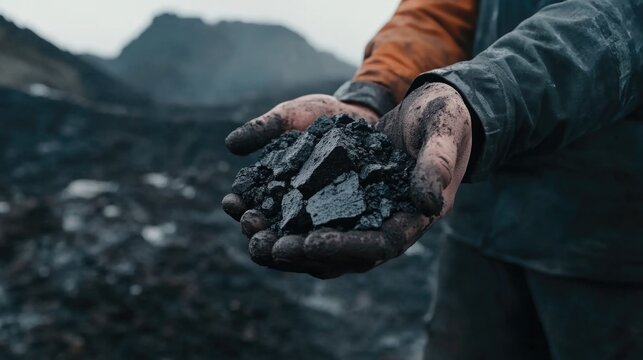 Coal mining in quarry. Coal in hands of man on background of open pit mine. Coal on the palm.