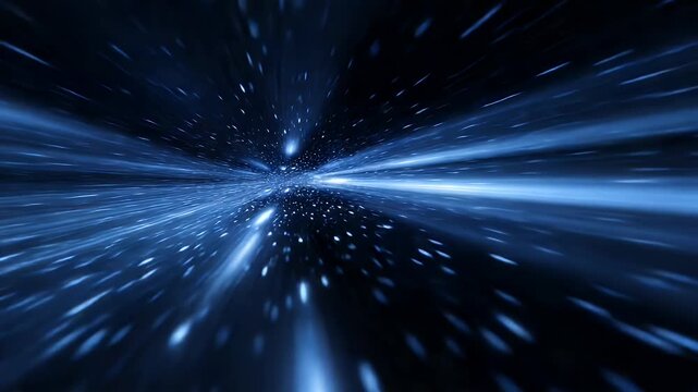 Abstract space tunnel animation featuring blue light streaks and glowing particles moving fast through dark cosmic background for science fiction themes and futuristic technology concepts.