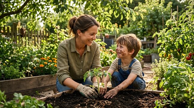 Mother and son planting seedling in garden, Mother's Day