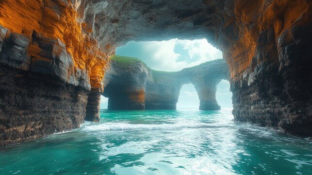 Coastline filled with sea caves and arches, carved by the relentless waves.