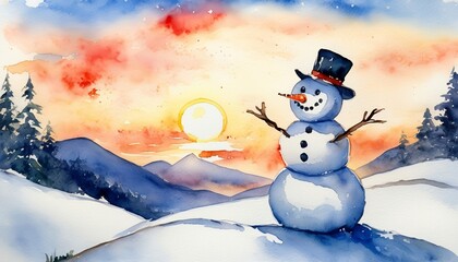 Obraz premium watercolor Snowman on hill with sunrise