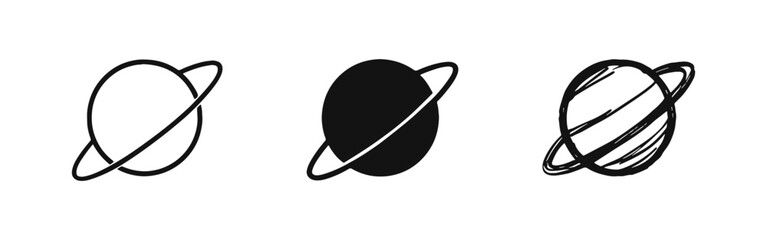 Saturn Planet with Rings Icons Set in Outline Solid and Hand Drawn Styles for Space Design © ICONS FOR YOU