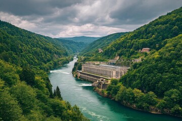 Fototapeta premium Serene river flowing through lush green mountains under a cloudy sky, showcasing the beauty of nature's landscapes.