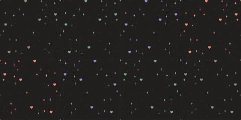 Rainbow Pastel Stars and Hearts Seamless Pattern on Black Dark Background, Vibrant Galaxy Celestial Vector for Modern Apparel and Tech Accessories © Meyto Elements