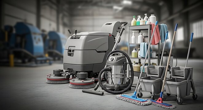 Comprehensive professional janitorial cleaner equipment for commercial facility maintenance and indoor sanitation service, ensuring optimal hygiene and a pristine clean environment