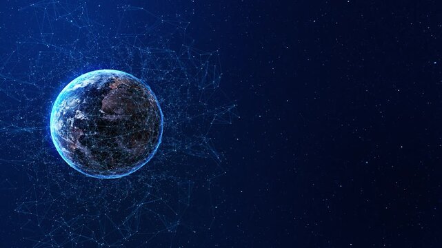 Futuristic digital Earth globe with glowing global network connection lines, big data transfer 3D 4K cyber security technology over Europe map. 3D concept of worldwide connectivity and globalization