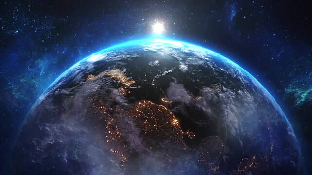 Earth from space. Stars twinkle sun Flight Earth. 4K. Sunrise. earth slowly rotates. Realistic atmosphere. 3D Volumetric clouds planet Earth during sunrise view space with vibrant blue sky atmosphere