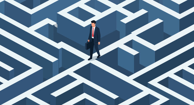 Man in Suit Standing in Complex Maze.