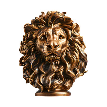 Golden bronze lion head sculpture on a pedestal isolated on transparent background