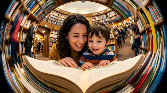 Mother and Child Reading Book Together in Library, Family Bonding