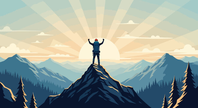 Man Standing on Mountain Peak Arms Raised.