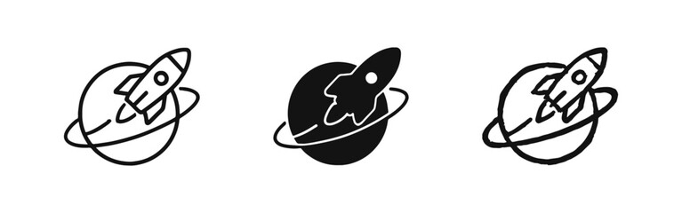 Rocket Ship Orbiting Planet Icons Set in Outline Solid and Hand Drawn Styles for Space Travel © ICONS FOR YOU
