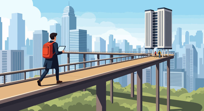 Man Walking on Elevated Walkway with Backpack.