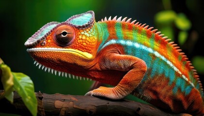 Obraz premium Colorful chameleon perched on a branch, showcasing vibrant skin patterns.
