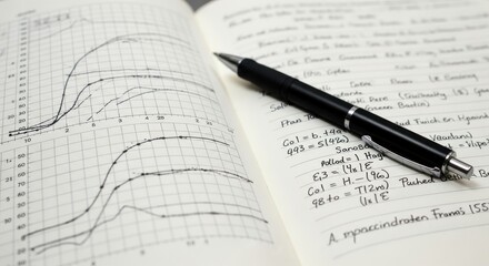 Fototapeta premium Black pen rests on an open notebook containing handwritten mathematical equations and data charts.