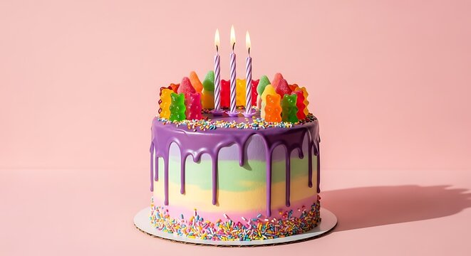 A festive birthday cake with colorful drip icing and gummy candies on a bright pink background.