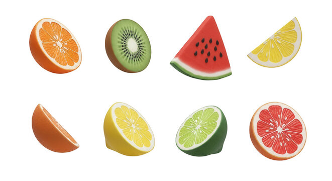 assorted sliced tropical fruits in mid air against a plain white background food advertisements and healthy eating concepts