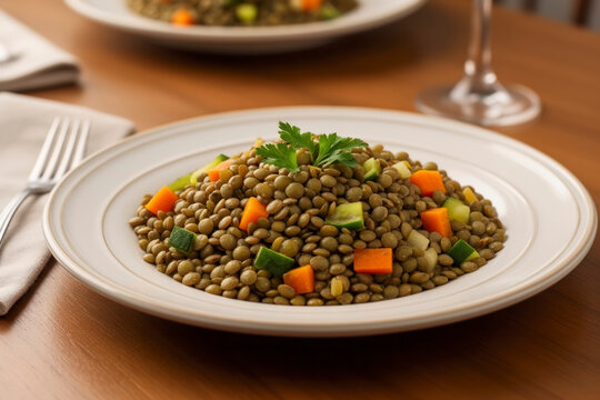 Wholesome Plate of Healthy Vegetarian Lentils with Diced Vegetables and Fresh Parsley, Symbolizing Nutritious Comfort Dining and Home Cooking Experience