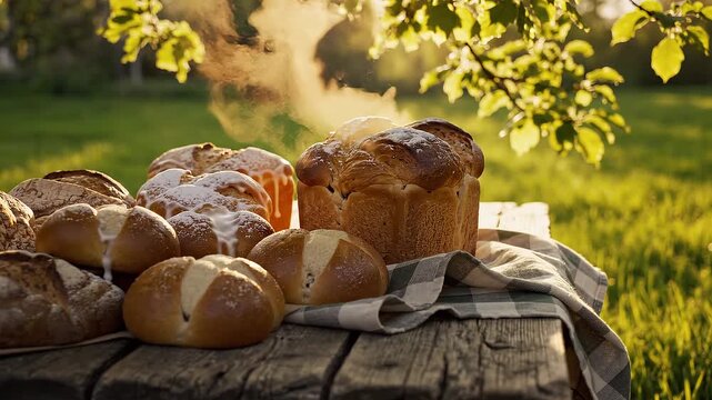 A rustic wooden table laden with freshly baked bread rolls and loaves outdoors.
