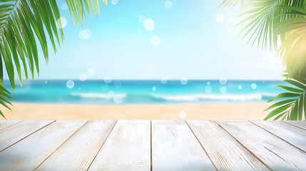 Fototapeta premium White wooden table with palm leaves on sandy sunny beach background