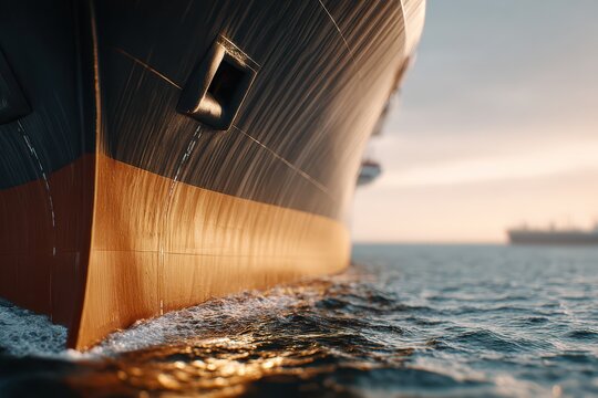 Close-up view of a massive cargo ship's hull cutting through the ocean waves at sunset.
