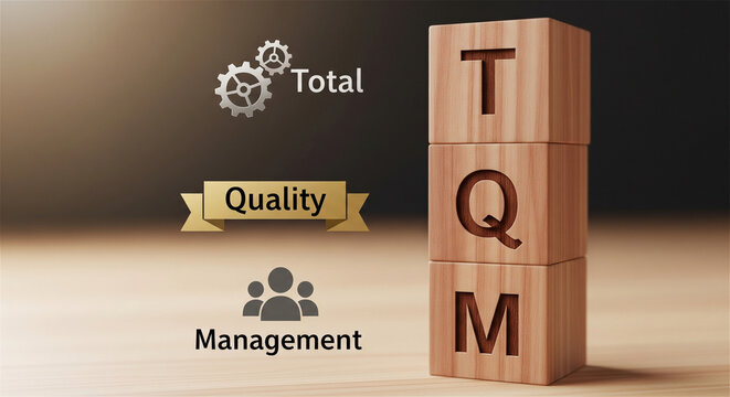 Total Quality Management concept with TQM wooden blocks, business process improvement icons, corporate excellence and manufacturing standards