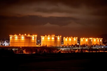Naklejka premium Illuminated industrial storage tanks glowing orange at night under a cloudy sky, a vast cityscape.