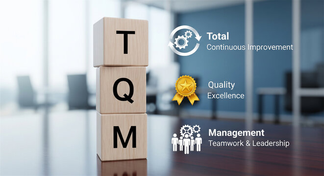 TQM Total Quality Management concept with wooden blocks, continuous improvement and leadership icons, business excellence strategy