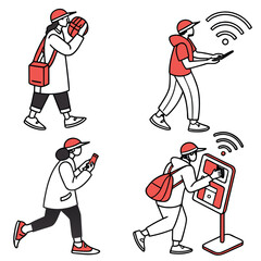 A vector graphic illustration of people using technology on the go © come