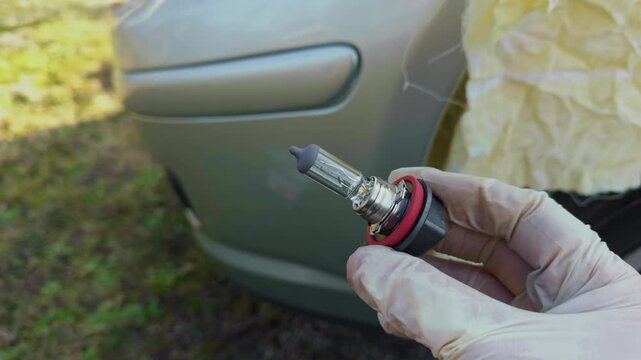 Demonstrating safe halogen bulb installation in car headlight assembly