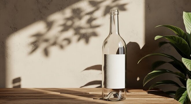 A clear glass wine bottle with a blank label standing on a wooden surface in a bright interior