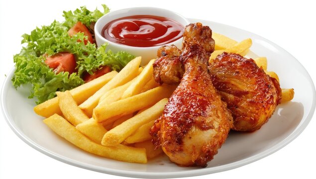 Fried chicken drumsticks with french fries, salad, and ketchup on a plate