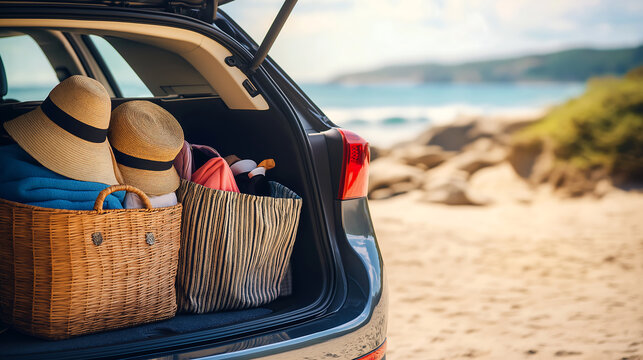 Packed bags, clothes, summer hats in open car trunk on a sunny beach background, symbolizing summer vacation 