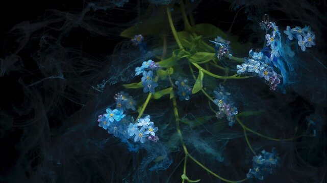 Blue flowers dissolving into swirling azure ink, fragile petals and stems drifting in dark tank, emotive floral diffusion for cinematic visuals