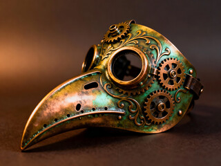 Fototapeta premium Steampunk plague doctor mask with brass gears and green patina on dark background